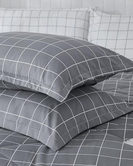 Andency Grey Grid Comforter Set Queen Size (90x90 inch), 3 Pieces (1 Grey Comforter and 2 Pillowcases), Summer Lightweight Microfiber Down Alternative Bedding Comforter Sets with White Lines - LeafyLoom