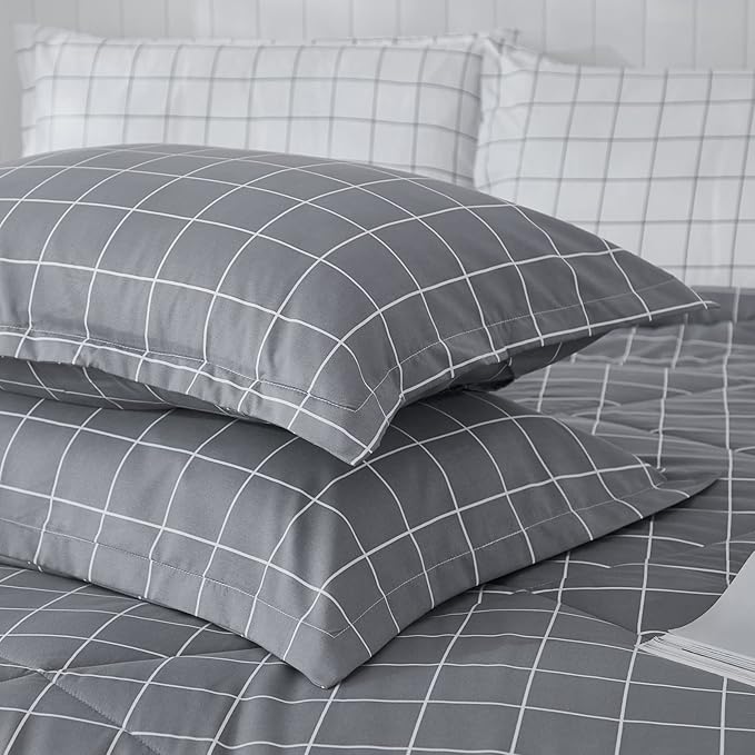 Andency Grey Grid Comforter Set King Size (104x90 inch), 3 Pieces (1 Grey Comforter and 2 Pillowcases), Summer Lightweight Microfiber Down Alternative Bedding Comforter Sets with White Lines - LeafyLoom