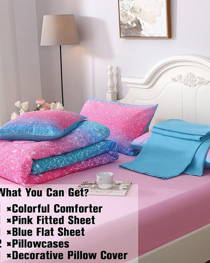 JQinHome Girls Comforter Sheet Set Full Size 6 Piece Bed in A Bag 3D Colorful Pink Rainbow Themed Bedding Set for Girls Women 1 Comforter,2 Pillowcases,1 Flat Sheet,1 Fitted Sheet,1 Cushion Cover - LeafyLoom