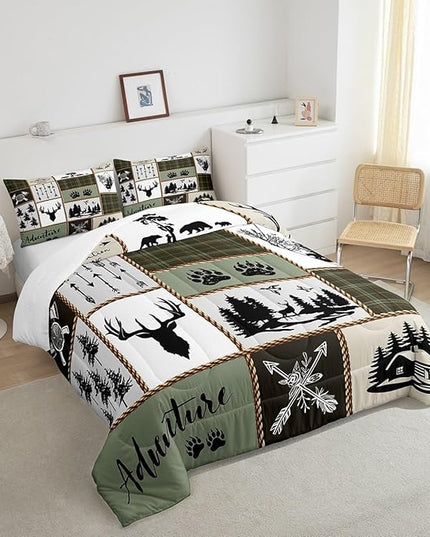 Rustic Farmhouse Kids Comforter Set King Size,Deer Antlers Bear Paws Plaids Patchwork Bedding Set for Boys Girls Adults Room Decor,Pine Trees Arrows Down Comforter,Retro Duvet Insert,2 Pillowcases - LeafyLoom