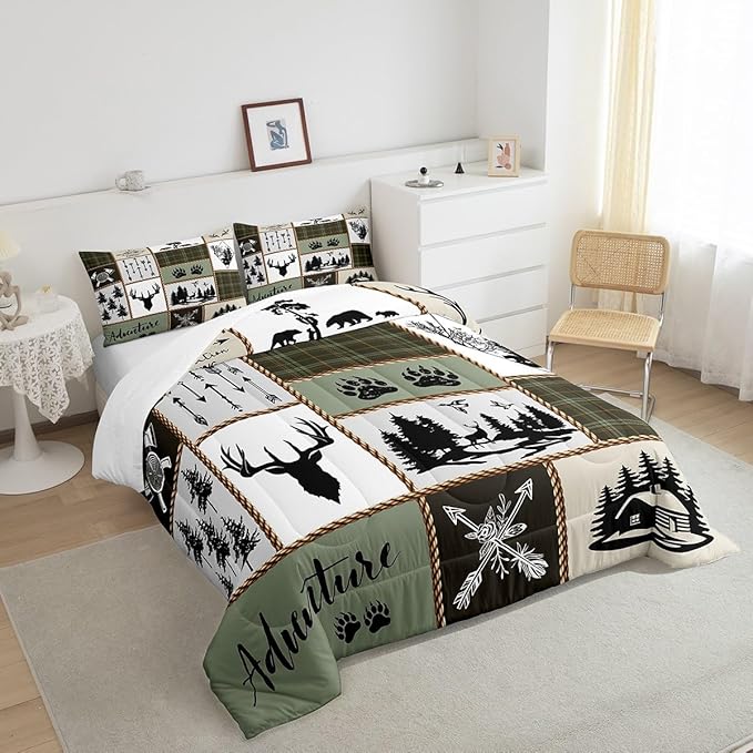 Rustic Farmhouse Kids Comforter Set Full Size,Deer Antlers Bear Paws Plaids Patchwork Bedding Set for Boys Girls Adults Room Decor,Pine Trees Arrows Down Comforter,Retro Duvet Insert,2 Pillowcases - LeafyLoom