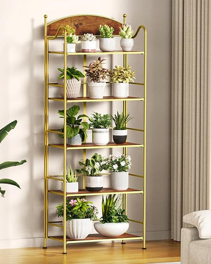 Folding Bookshelf No Assembly, 5 Shelf Gold Folding Bookcase, Industrial Tall Metal Collapsible Corner Book Shelf with Storage Shelves for Bedroom, Living Room, Home Office Organization - LeafyLoom