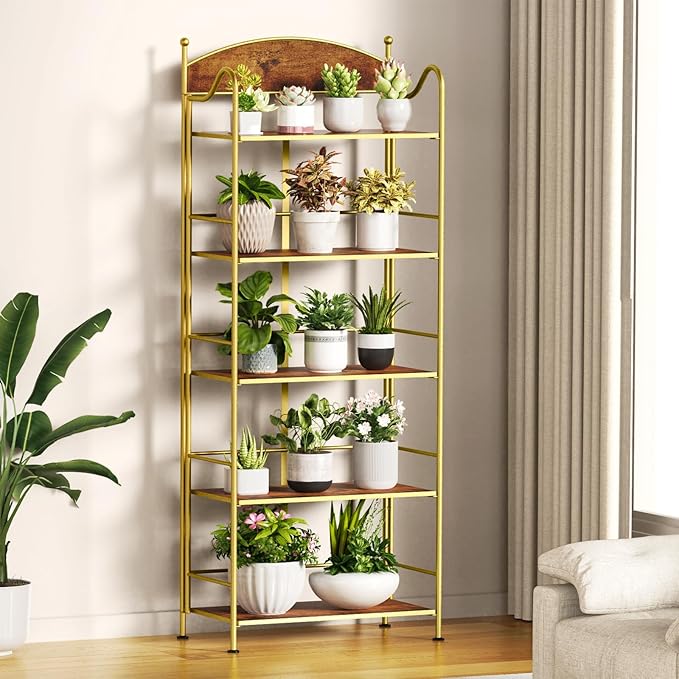 Folding Bookshelf No Assembly, 5 Shelf Gold Folding Bookcase, Industrial Tall Metal Collapsible Corner Book Shelf with Storage Shelves for Bedroom, Living Room, Home Office Organization - LeafyLoom