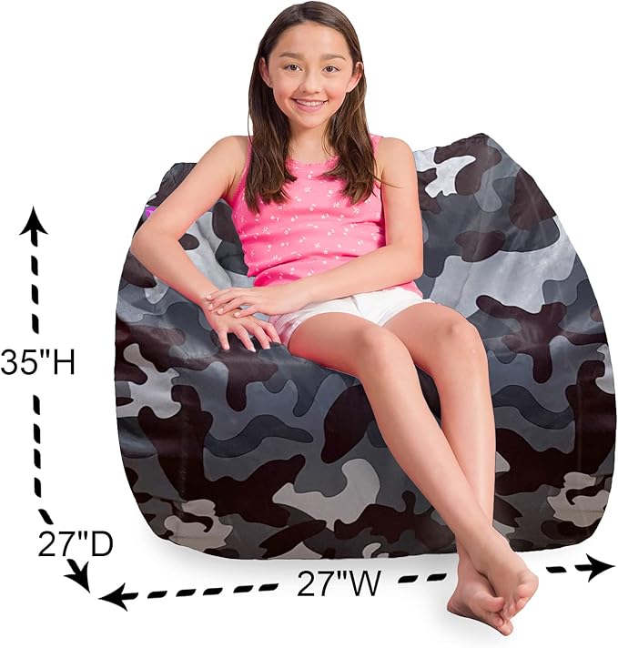 Posh Creations Structured Comfy Bean Bag Chair for Gaming, Reading and Watching TV, Coronado Chair, Nylon - Camo Dark and Black Gray - LeafyLoom