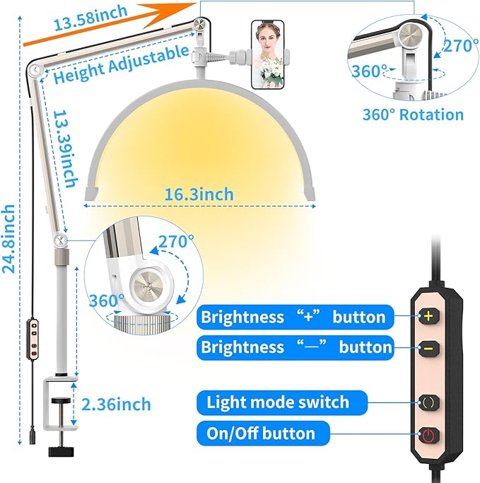 Half Moon Light Lamp for Lashes, Upgraded Stable Stand, Lash Lamp for Eyelash Extensions, Esthetician Light Eyelash Lamp with Phone Holder for Tattoo Artists, Nail Tech, Makeup,Skincare - LeafyLoom