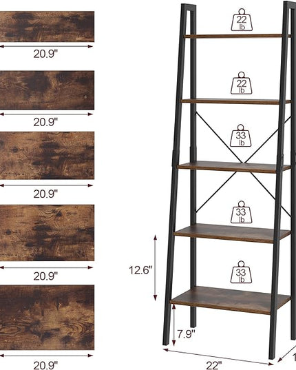 finetones 5-Tier Ladder Shelf, Ladder Bookshelf Bookcase with Metal Frame, Plant Rack Display Shelf Accent Furniture for Home Office, Black/Rustic Brown - LeafyLoom