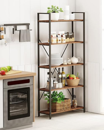 BON AUGURE Industrial Bookshelf, Etagere Bookcases and Book Shelves 5 Tier, Rustic Wood and Metal Shelving Unit (Rustic Oak) - LeafyLoom