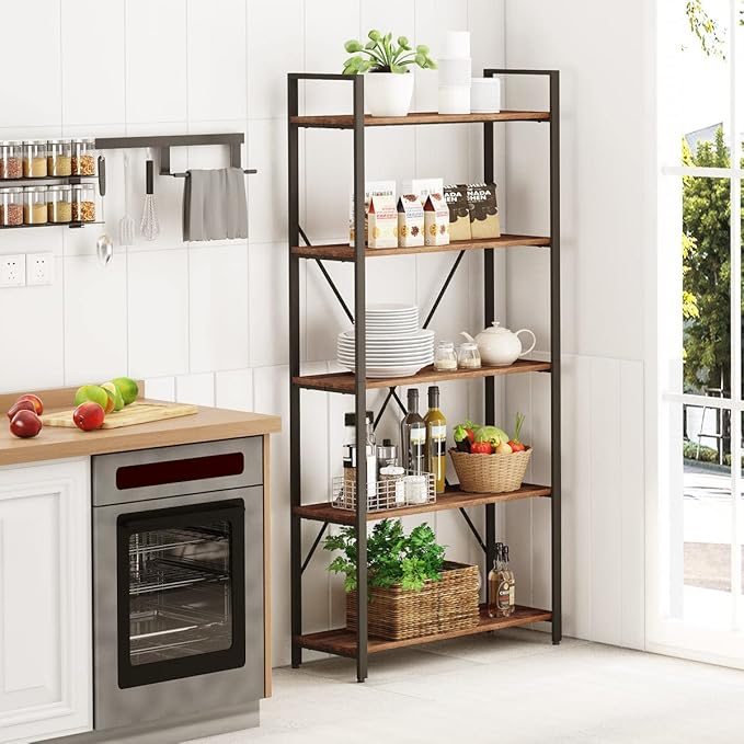 BON AUGURE Industrial Bookshelf, Etagere Bookcases and Book Shelves 5 Tier, Rustic Wood and Metal Shelving Unit (Rustic Oak) - LeafyLoom