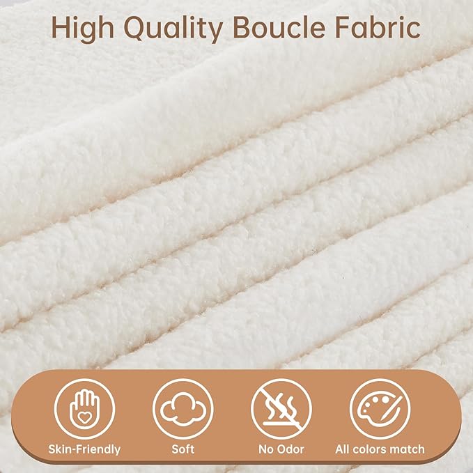 Boucle Criss Cross Armless Home Office Chair with Replaceable Wheels/Fixed Base and Back Support for Living Room, Wide Seat Adjustable Legged Swivel Chair, Comfy Computer Chair for Vanity, White - LeafyLoom