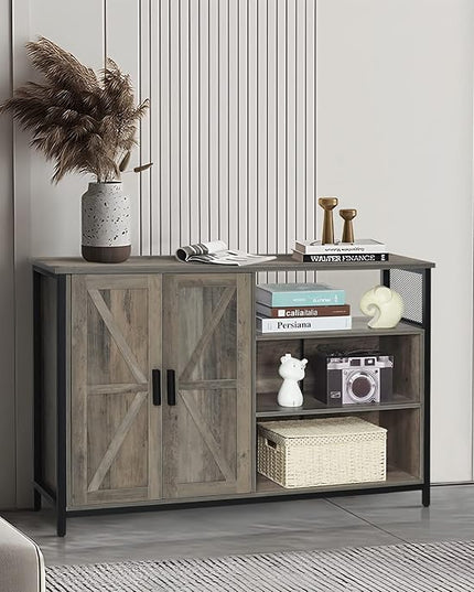 WEENFON Floor Storage Cabinet, Buffet Storage Cabinet with 2 Barn Doors, Industrial Sideboard with Adjustable Shelves, Buffet Table for Dining Room, Living Room, Kitchen, Rustic Oak - LeafyLoom