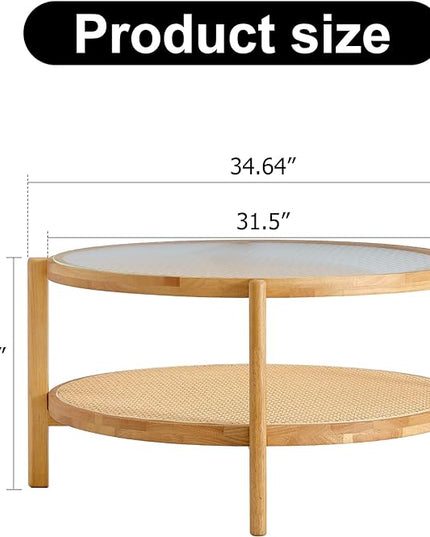 NicBex Dining Table Round Kitchen Table Contemporary Modern Minimalist Circular Double-Layer Solid Wood Coffee Table, Craft Glass Tabletop, Rattan, Solid Wood Frame, Natural Wood - LeafyLoom