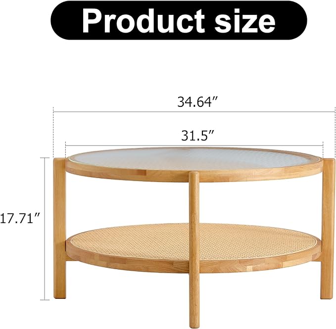 NicBex Dining Table Round Kitchen Table Contemporary Modern Minimalist Circular Double-Layer Solid Wood Coffee Table, Craft Glass Tabletop, Rattan, Solid Wood Frame, Natural Wood - LeafyLoom