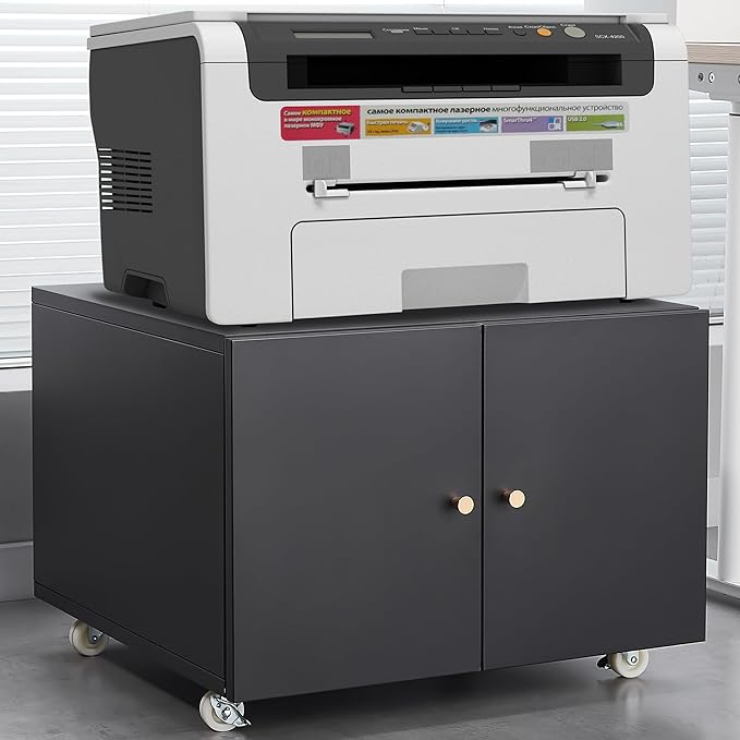 17.70" Metal Office Copier 2 Door and 360 ° Universal Wheel,Mobile Lateral Filing Cabinets w/Aluminum Alloy Handle,Rolling Printer Stand for Legal/Letter/A4,Black - LeafyLoom