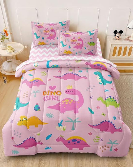 Girls Dinosaur Bedding Twin Green Pink Dinosaur Comforter Set, Cute Cartoon Down Comforter for Little Girls Teens Kids Adults Room Decor, Reversible Bed-in-a-Bag 5-Piece Bed Sets - LeafyLoom