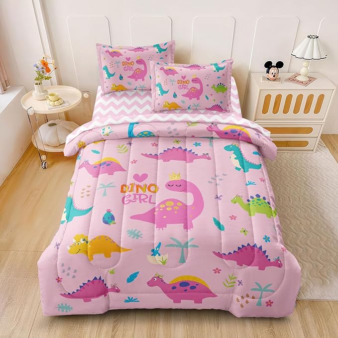 Girls Dinosaur Bedding Twin Green Pink Dinosaur Comforter Set, Cute Cartoon Down Comforter for Little Girls Teens Kids Adults Room Decor, Reversible Bed-in-a-Bag 5-Piece Bed Sets - LeafyLoom