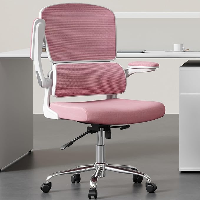 Office Chair, Ergonomic Desk Chair - Thick Cushion Adjustable Height Computer Chair with Lumbar Support and Flip-up Armrests, Pink Home Office Desk Chairs, Swivel Executive Task Chair… - LeafyLoom