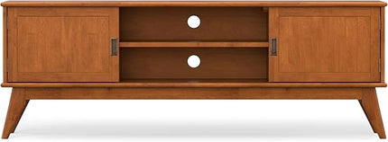 SIMPLIHOME Draper Solid Hardwood Wide Mid Century Modern Media Stand for TVs up to 80 inches for The Living Room and Entertainment Center, 72 inch, Teak Brown - LeafyLoom