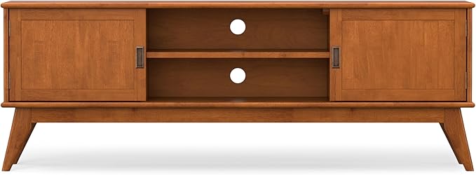SIMPLIHOME Draper Solid Hardwood Wide Mid Century Modern Media Stand for TVs up to 80 inches for The Living Room and Entertainment Center, 72 inch, Teak Brown - LeafyLoom