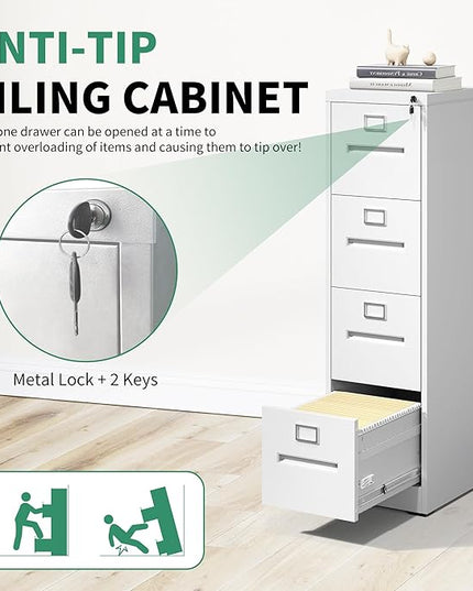 4 Drawer File Cabinet,Metal Filing Cabinets with Lock,White Vertical File Cabinet for Home Office,Heavy Duty Metal Storage Cabinet for A4/Letter/Legal Size File,Assembly Required - LeafyLoom