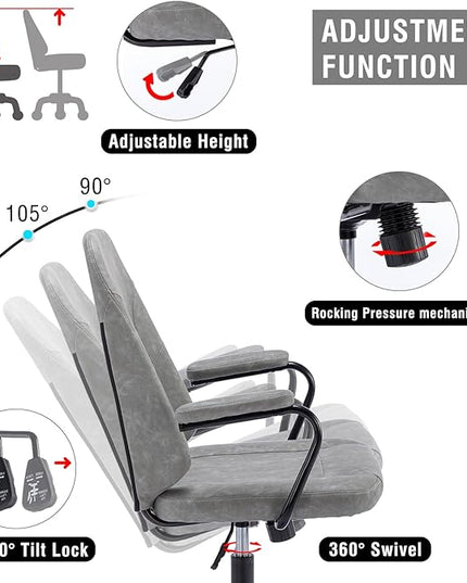 Executive Office Chair, Home Office Desk Chair, Mid Back PU Leather Desk Chair, 360° Swivel Computer Chair, Height Adjustable Tilt Vanity Task Chair for Office, Reading Meeting Room - LeafyLoom