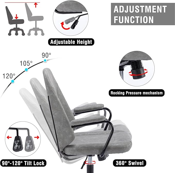 Executive Office Chair, Home Office Desk Chair, Mid Back PU Leather Desk Chair, 360° Swivel Computer Chair, Height Adjustable Tilt Vanity Task Chair for Office, Reading Meeting Room - LeafyLoom
