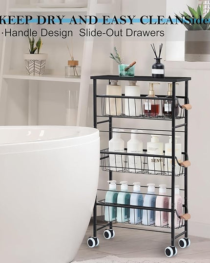 Slim Storage Cart, 4-Tier Narrow Rolling Cart，with Pull-Out Iron Basket, Sturdy Slim Storage Cabinet Iron and Wood Combination，Ideal for Kitchen, Bathroom, and Laundry Room, Black - LeafyLoom