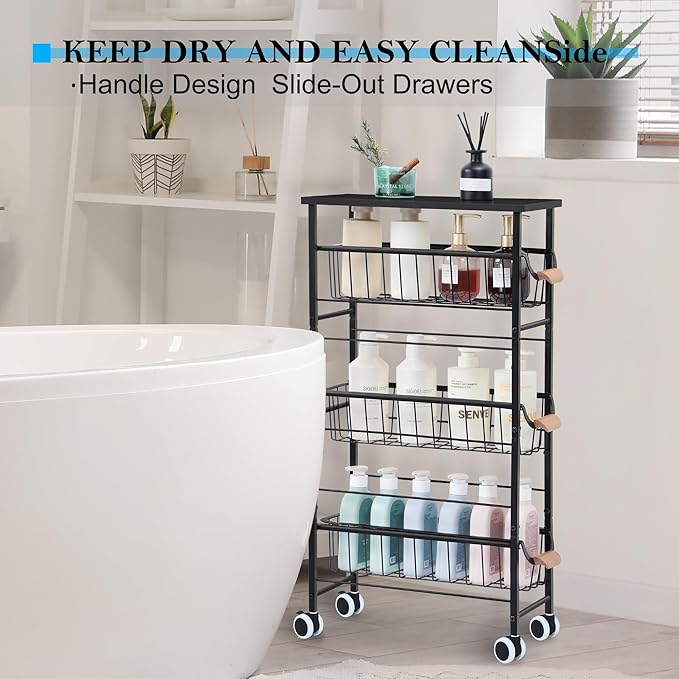 Slim Storage Cart, 4-Tier Narrow Rolling Cart，with Pull-Out Iron Basket, Sturdy Slim Storage Cabinet Iron and Wood Combination，Ideal for Kitchen, Bathroom, and Laundry Room, Black - LeafyLoom