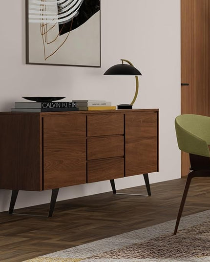 SIMPLIHOME Lowry 60 Inch Wide Rectangle Modern Industrial Sideboard Buffet in WALNUT WOOD, For the Dining Room and Kitchen - LeafyLoom