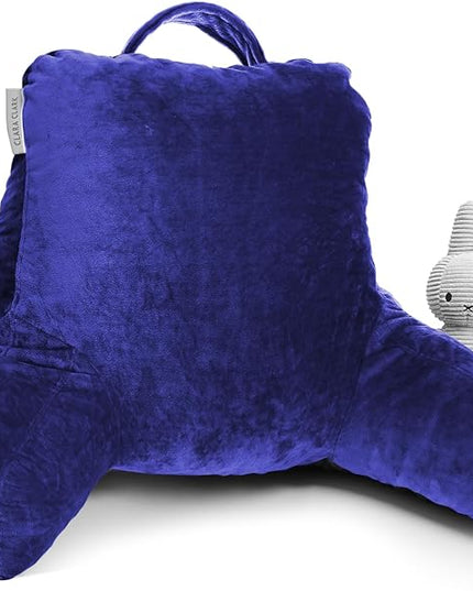 Clara Clark Reading Pillow for Kids, Small Back Pillow for Sitting Up in Bed, Memory Foam Back Support Pillow, Reading Pillows for Sitting in Bed, Royal Blue Gaming Pillow with Arms and Pockets - LeafyLoom