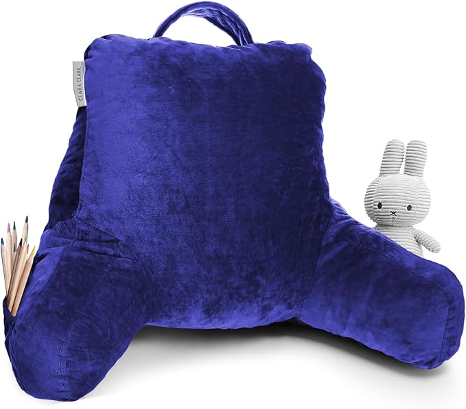 Clara Clark Reading Pillow for Kids, Small Back Pillow for Sitting Up in Bed, Memory Foam Back Support Pillow, Reading Pillows for Sitting in Bed, Royal Blue Gaming Pillow with Arms and Pockets - LeafyLoom