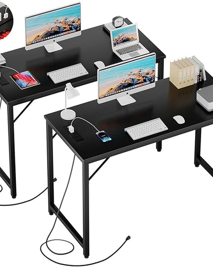 47 Inch Computer Desk with Magic Power Outlets and USB Charging Ports, Modern Home Office Desks, Sturdy Simple Writing Table, Laptop PC Gaming Desk for Bedroom Workstation, Black, 2 Pack - LeafyLoom