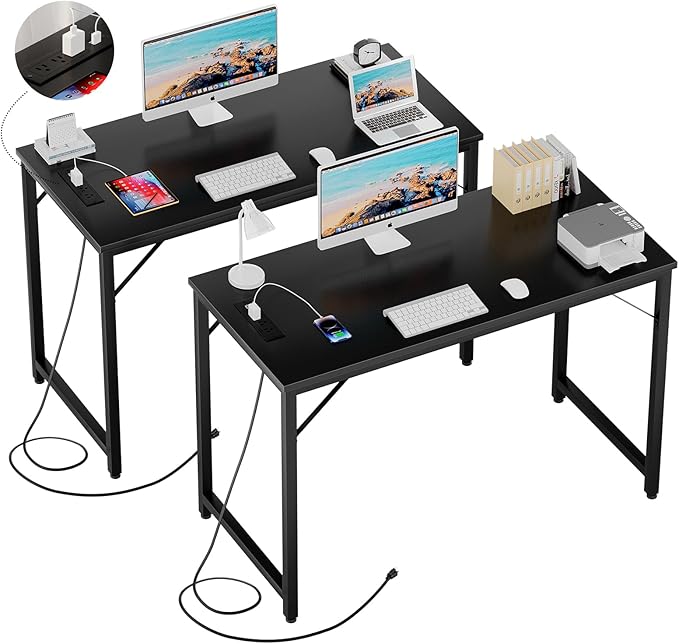 47 Inch Computer Desk with Magic Power Outlets and USB Charging Ports, Modern Home Office Desks, Sturdy Simple Writing Table, Laptop PC Gaming Desk for Bedroom Workstation, Black, 2 Pack - LeafyLoom