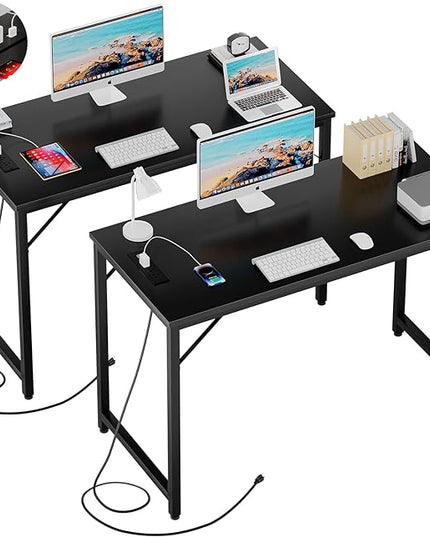 Small Computer Desk with Magic Power Outlets and USB Charging Ports, 32 Inch Modern Home Office Desks for Small Spaces, Sturdy Simple Laptop PC Writing Table for Students Teens, Black, 2 Pack - LeafyLoom