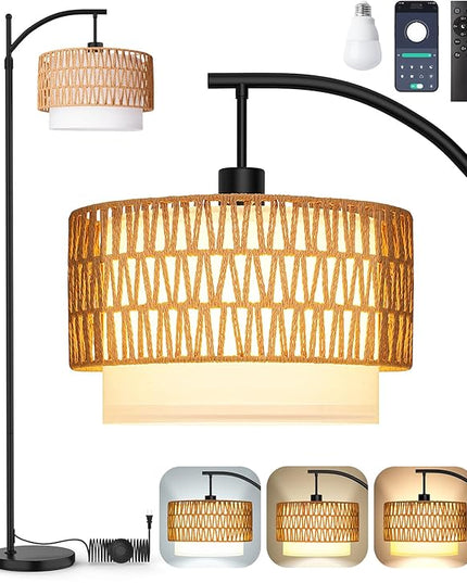 Arc Floor Lamp with 10 Color Temperatures, 10 Brightness, Remote & App Control, Boho Tall Standing Lamps with Smart Bulb, Rattan & Fabric Double Drum Shade for Living Room, Bedroom, Home Office - LeafyLoom
