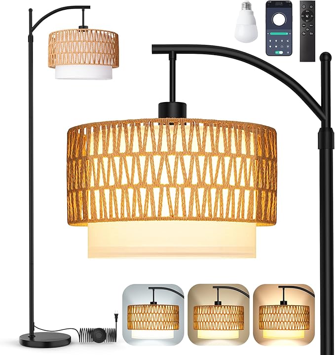 Arc Floor Lamp with 10 Color Temperatures, 10 Brightness, Remote & App Control, Boho Tall Standing Lamps with Smart Bulb, Rattan & Fabric Double Drum Shade for Living Room, Bedroom, Home Office - LeafyLoom