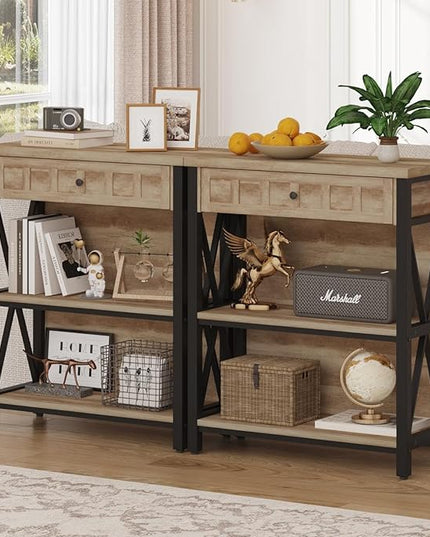 FATORRI Rustic Bookshelf with Drawer, Industrial Wood and Metal Bookcase, Small Book Shelf and Low Book case for Small Space (Rustic Oak) - LeafyLoom