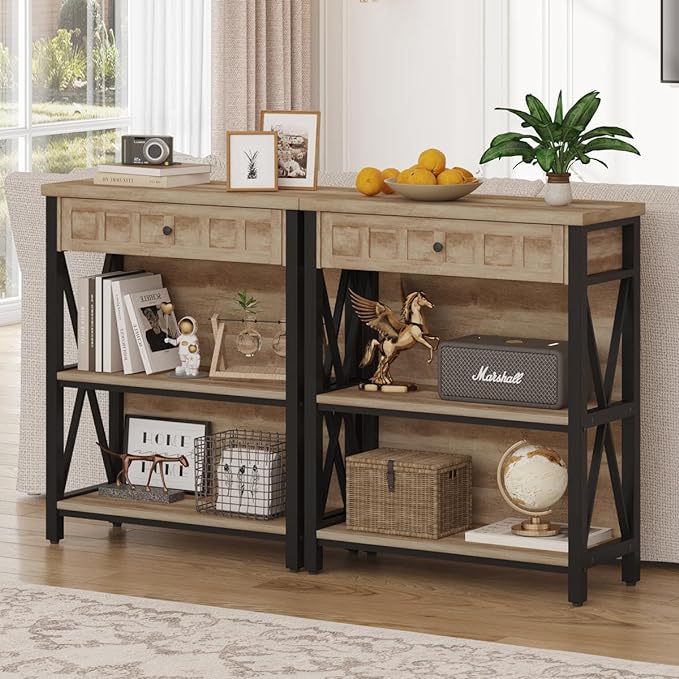 FATORRI Rustic Bookshelf with Drawer, Industrial Wood and Metal Bookcase, Small Book Shelf and Low Book case for Small Space (Rustic Oak) - LeafyLoom