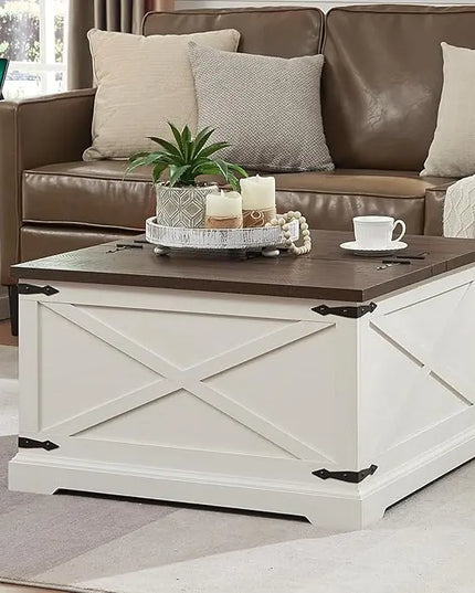 Farmhouse Square Coffee Table with Storage, Wood Center Table with Hinged Lift Top, Rustic Cocktail Table with Large Hidden Storage Compartment for Living Room, Bedroom,White - LeafyLoom