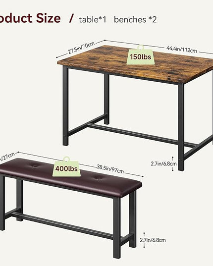 GAOMON Dining Table Set for 4, Kitchen Table with Benches, Rectangular Dining Room Table Set with 2 Upholstered Benches, 3 Piece Kitchen Table Set for Small Space, Apartment, Studio, Retro Brown - LeafyLoom