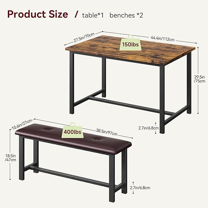 GAOMON Dining Table Set for 4, Kitchen Table with Benches, Rectangular Dining Room Table Set with 2 Upholstered Benches, 3 Piece Kitchen Table Set for Small Space, Apartment, Studio, Retro Brown - LeafyLoom