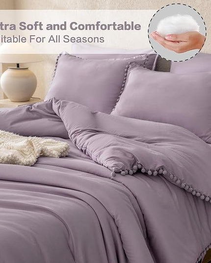 Litanika Queen Size Comforter Set Grey Purple,3 Pieces Grey Purple Boho Pom Pom Lightweight Bed Comforter, All Season Solid Color Bedding Comforter Sets (1 Comforter 90x90 Inch, 2 Pillowcases) - LeafyLoom