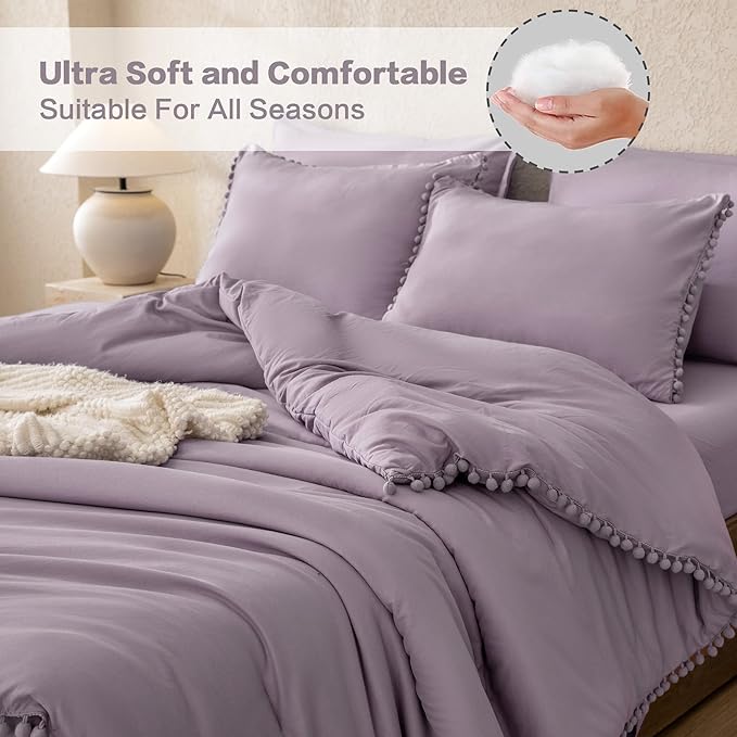 Litanika Queen Size Comforter Set Grey Purple,3 Pieces Grey Purple Boho Pom Pom Lightweight Bed Comforter, All Season Solid Color Bedding Comforter Sets (1 Comforter 90x90 Inch, 2 Pillowcases) - LeafyLoom