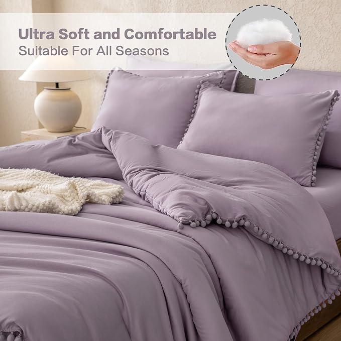 Litanika King Size Comforter Set Grey Purple,3 Pieces Grey Purple Boho Pom Pom Lightweight Bed Comforter, All Season Solid Color Bedding Comforter Sets (1 Comforter 104x90 Inch, 2 Pillowcases) - LeafyLoom