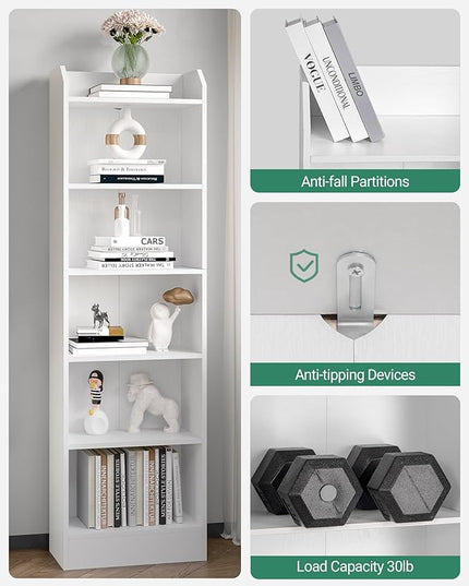 6-Tier Bookshelf, 66.7 Inches Floor Standing Bookcase, Display Storage Shelf, Corner Shelf, Home Decor Furniture for Home Office, Living Room, Bedroom, White 02903XBC - LeafyLoom