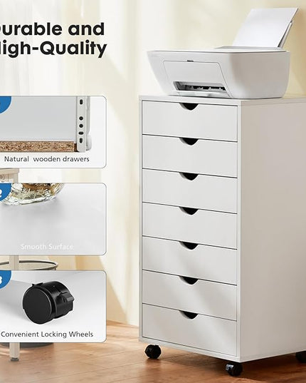 OLIXIS 7 Drawer Chest Wood File Cabinet Rolling Organization Storage Dresser with Wheels for Home Office, 15.75" D x 18.74" W x 34.25" H, White - LeafyLoom