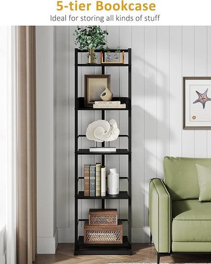 Bookshelf 5-Tier Bookshelf: Tall Corner Bookcase Industrial Narrow Book Shelves Vintage Wood Bookshelf Storage Organizer Display Book Rack for Living Room Bedroom Office Home (Black) - LeafyLoom