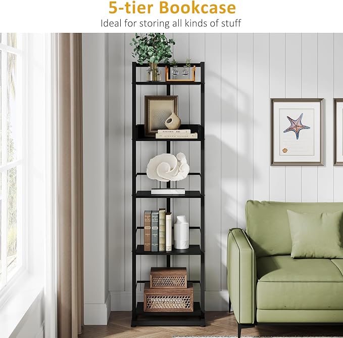 Bookshelf 5-Tier Bookshelf: Tall Corner Bookcase Industrial Narrow Book Shelves Vintage Wood Bookshelf Storage Organizer Display Book Rack for Living Room Bedroom Office Home (Black) - LeafyLoom
