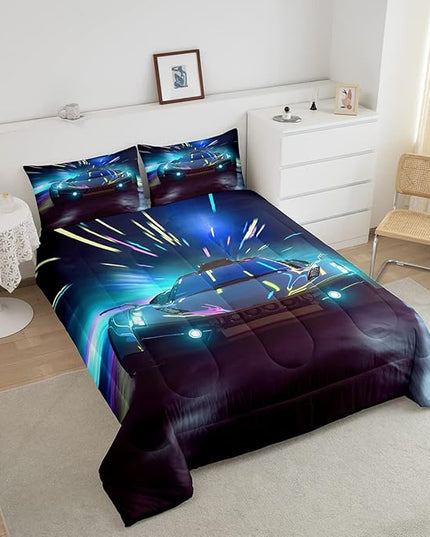 Boys Race Car Down Duvet, Cool Sports Car Comforter Set For Men Women, Extreme Sports Racer Bedding Set Full, Yellow Automobile Car Quilt Set, 1 Comforter Set With 2 Pillowcases, Lightweight, Blue - LeafyLoom