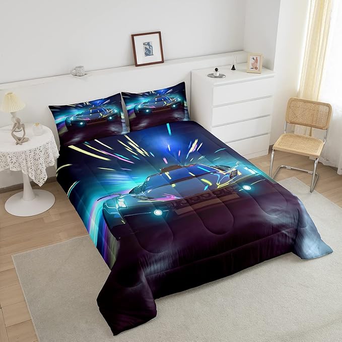 Boys Race Car Down Duvet, Cool Sports Car Comforter Set For Men Women, Extreme Sports Racer Bedding Set Full, Yellow Automobile Car Quilt Set, 1 Comforter Set With 2 Pillowcases, Lightweight, Blue - LeafyLoom