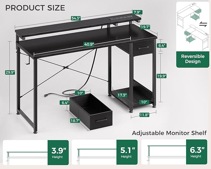 AODK Gaming Desk with LED Lights & Power Outlet, 55 Inch Computer Desk with Drawer, Reversible Desk with Adjustable Monitor Shelf & Headphone Hook for Home Office, Black - LeafyLoom